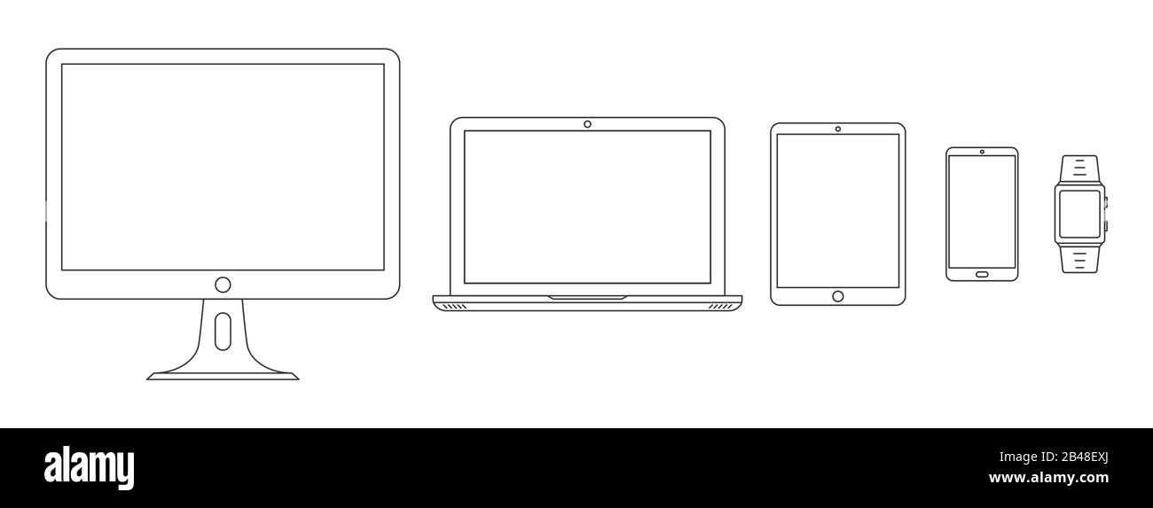 Gerätesymbole. Satz von Symbolen für lineare Geräte. Vektorgrafiken in flacher Linienform. Satz von Symbolen für Gliederungsgeräte. Stock Vektor
