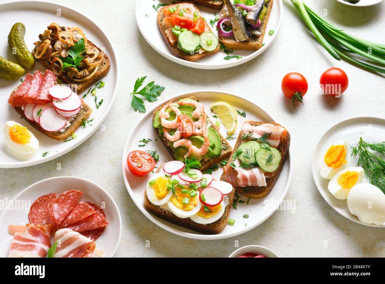 Sandwiches mit Fleisch, Gemüse, Fisch und Meeresfrüchten. Auswahl an offenen Sandwiches auf hellem Steingrund. Leckerer, gesunder Snack. Stockfoto