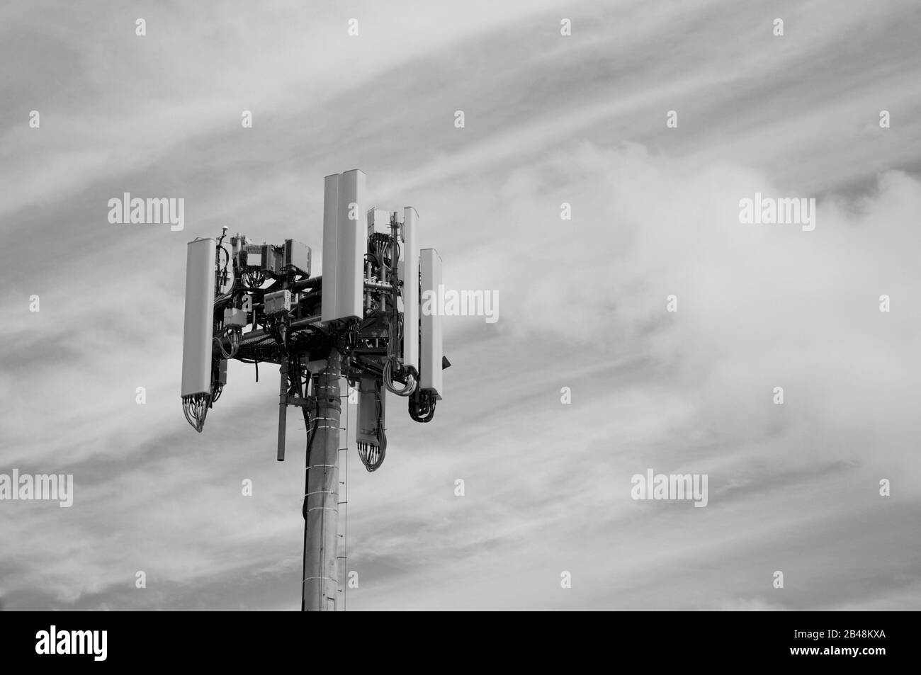 Schwarzweißbild der Antenne des Telekommunikationsturms des mobilen 4G- und 5G-Kommunikationssystems in Brisbane, Australien Stockfoto