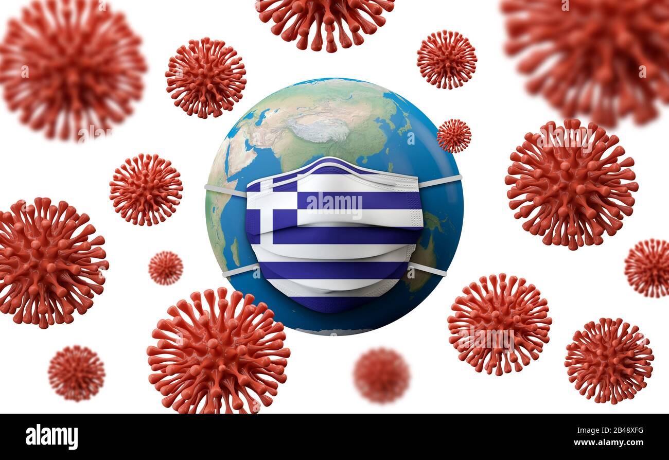 Griechenland Flagge medizinische Schutzmaske. 3D-Rendering Stockfoto