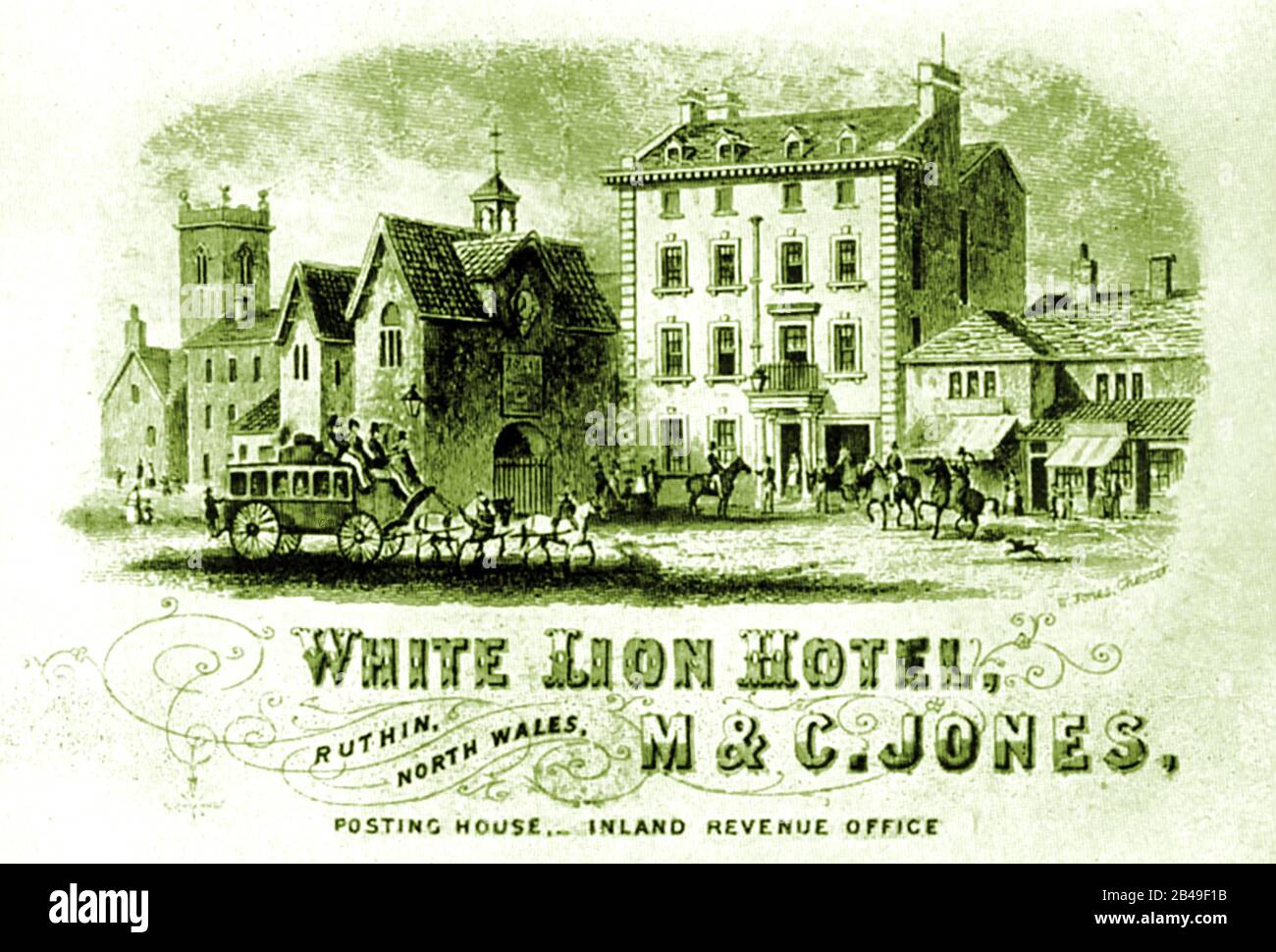 Eine 1800er-Werbung für Den Weißen Löwen (heute Castle Inn) in Ruthin (Denbighshire, Wales), ein Gebäude links (Versteckt durch das mit der Uhr) ist die Myddelton-Arme (bekannt als die Augen von Ruthin), die aus der Mitte des 16. Jahrhunderts stammt und flämischen Designs ist. Stockfoto