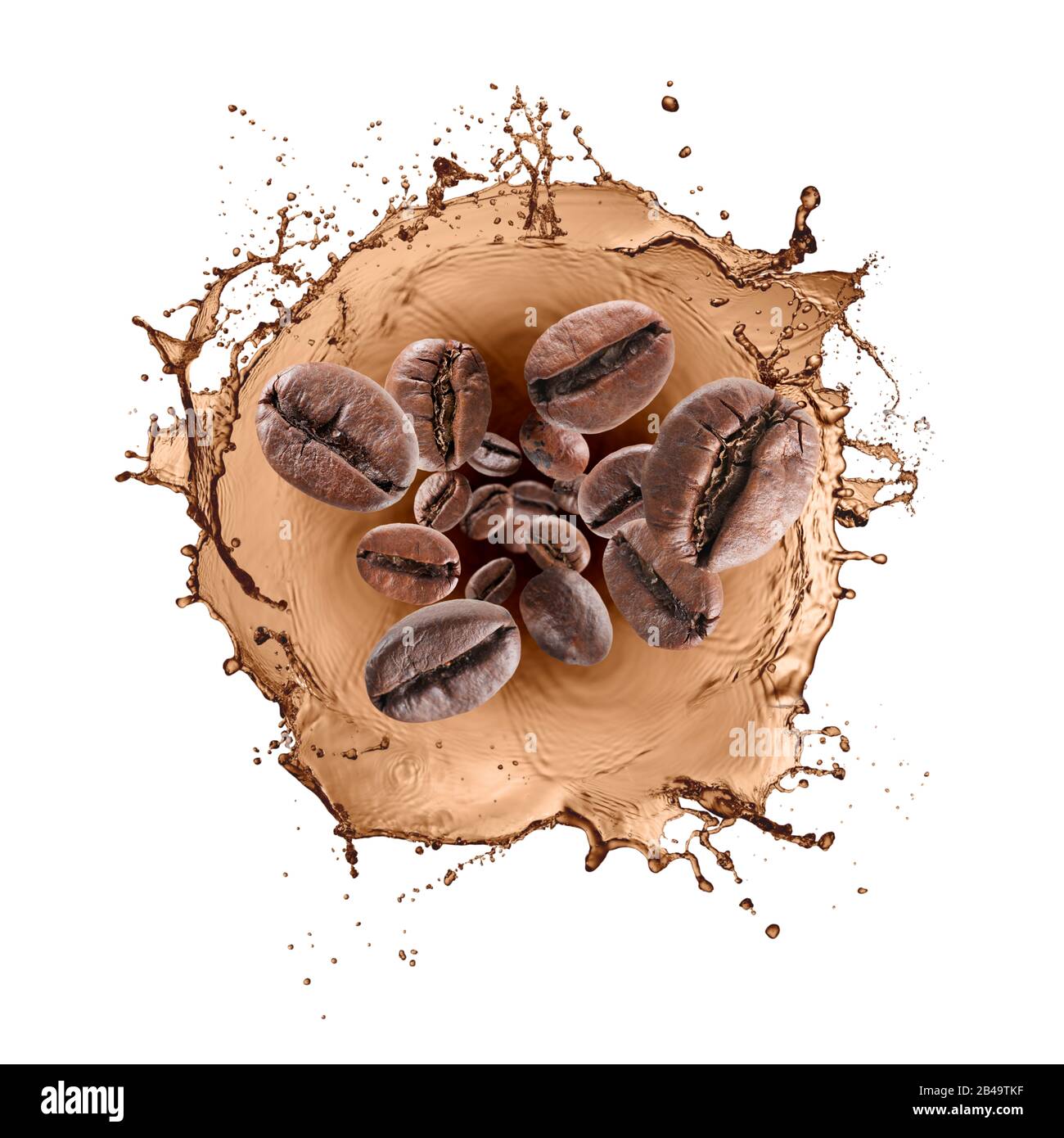 Welle von spritzenden Kaffees mit Kaffeebohnen, isoliert auf Weiß Stockfoto