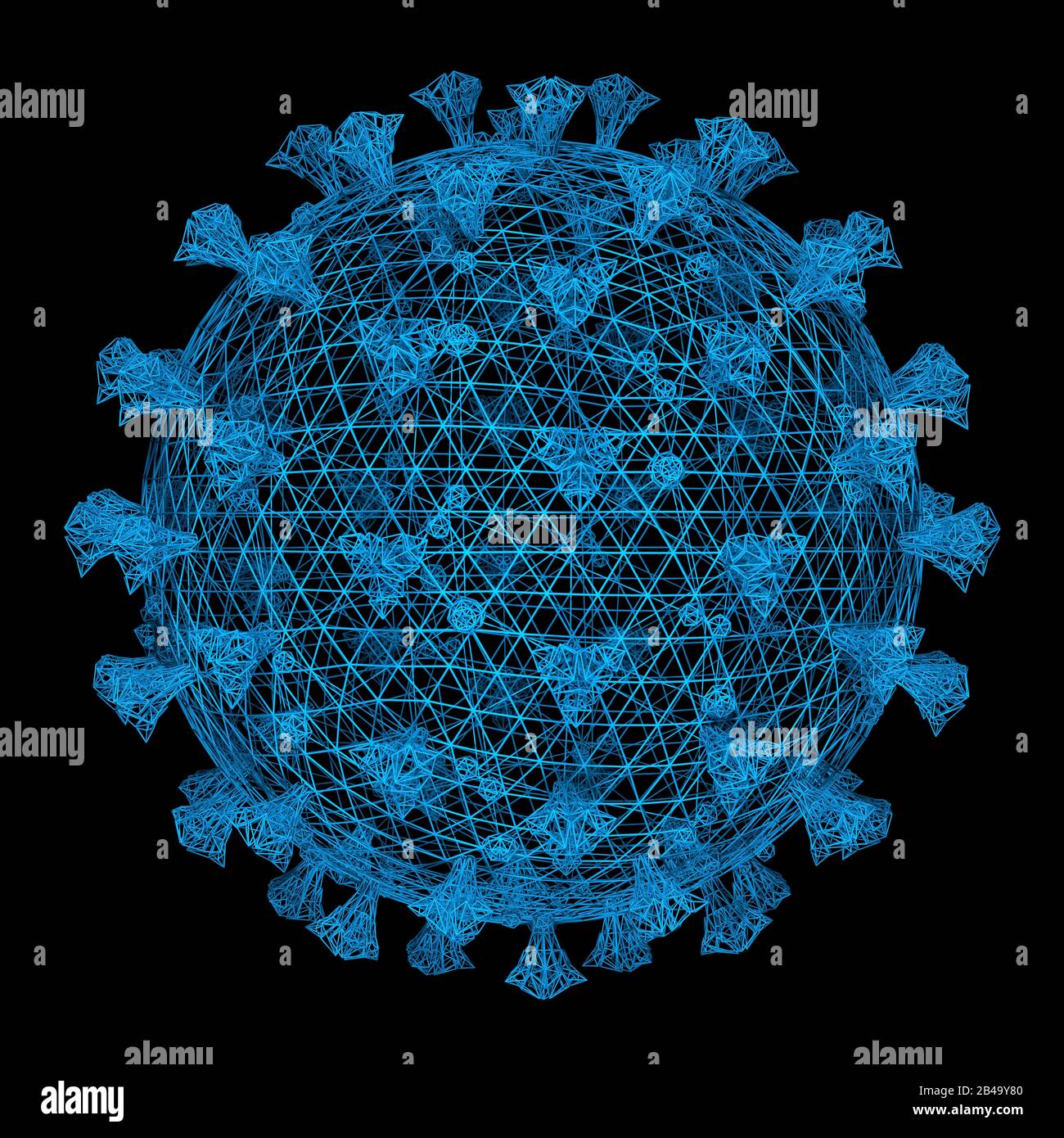 Covid-19, Coronavirus, eine Gruppe von Viren, die Krankheiten bei Säugetieren und Vögeln verursachen. Beim Menschen verursacht das Virus Atemwegsinfektionen. 3D-Abbildung. Stockfoto