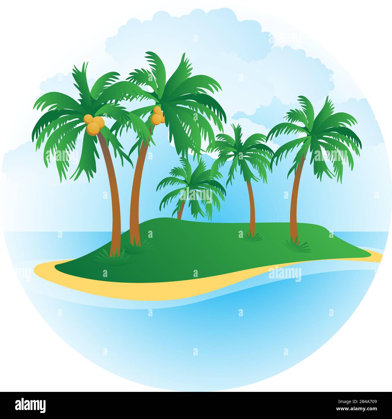 Abbildung einer kleinen Wüsteninsel mit Palmen, Meer und Strand, mit schönem Hintergrundvektor Stock Vektor