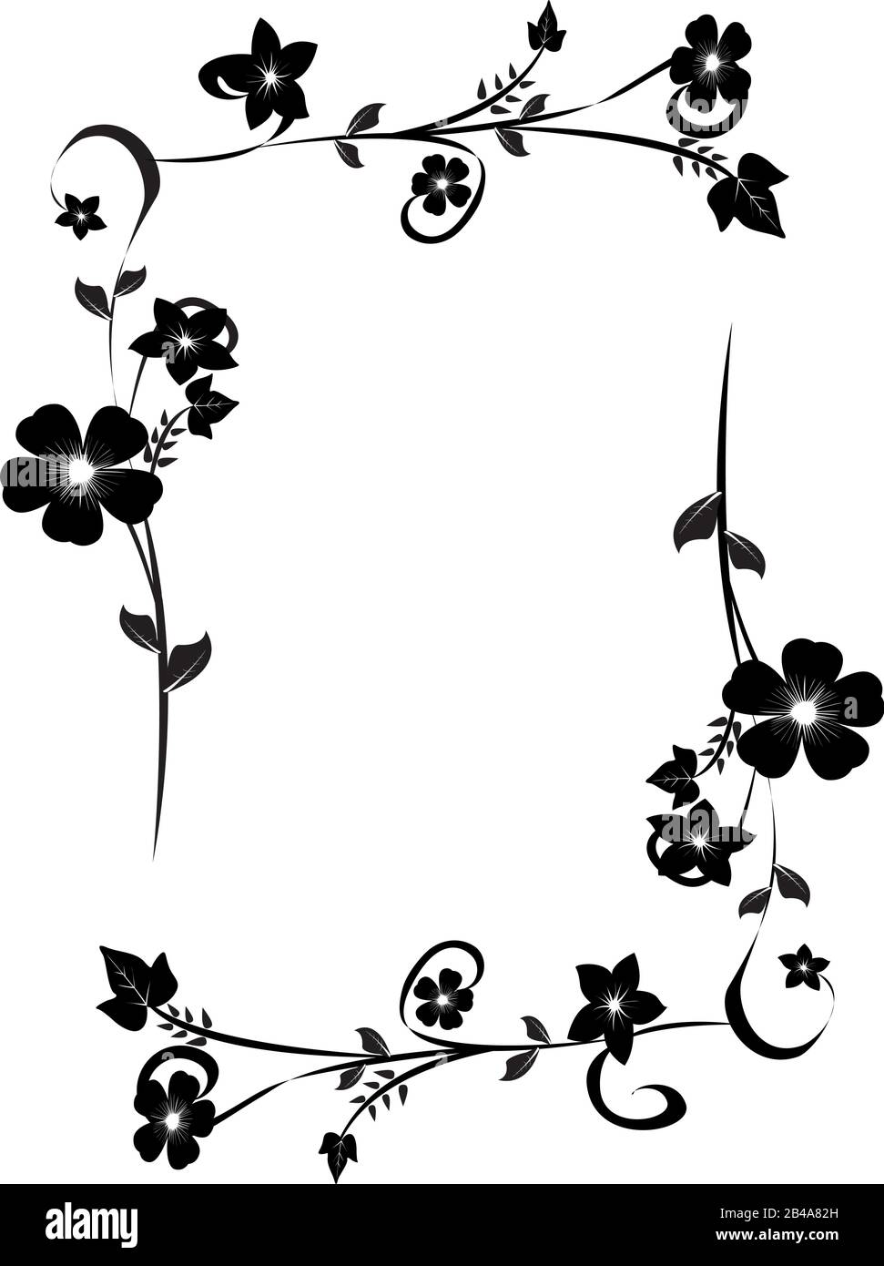 Abbildung: Blumenrahmen. Auf Ebenen (Blumen, Blätter und Ranken) für eine einfache Ausgabe organisiert. Schwarz-weiß Stock-Vektorgrafik