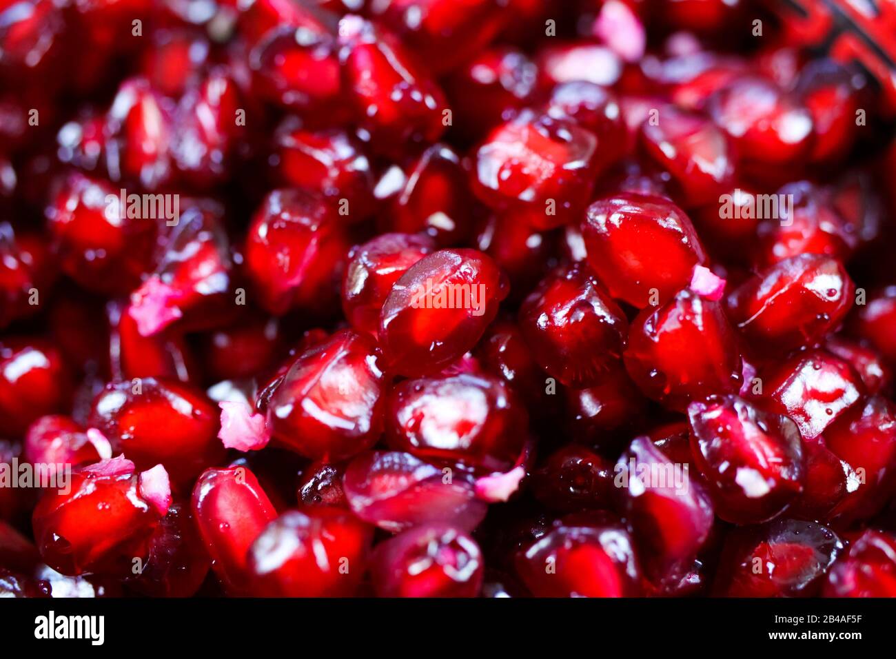 Makro-Vollbild-Nahaufnahme von rot glänzenden, saftigen Granatapfelsamen (Fokus auf Mitte) Stockfoto