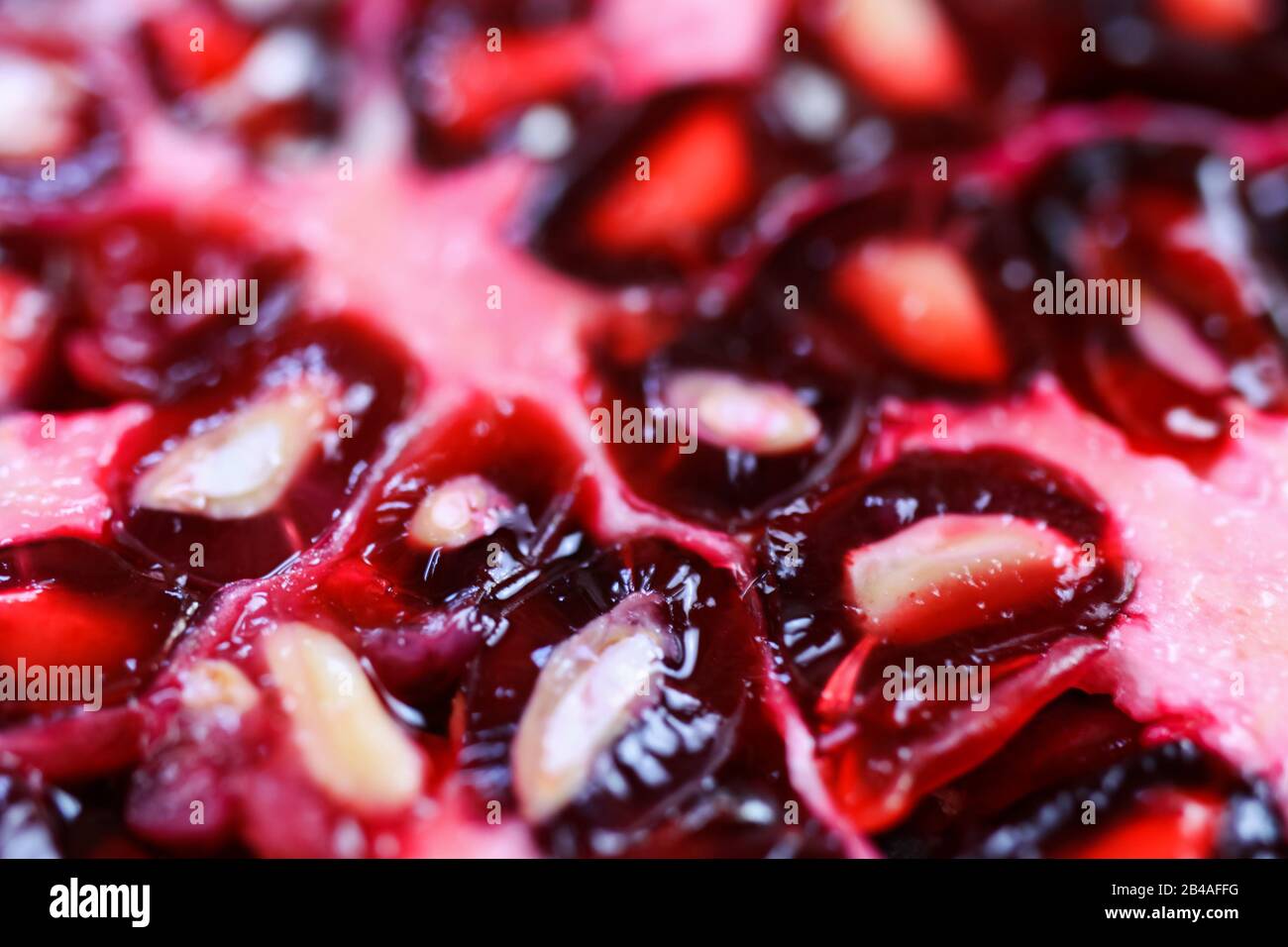 Makro-Vollbild-Nahaufnahme von rot glänzenden saftigen Granatapfelsamen (Schwerpunkt auf Samen im unteren Drittel) Stockfoto