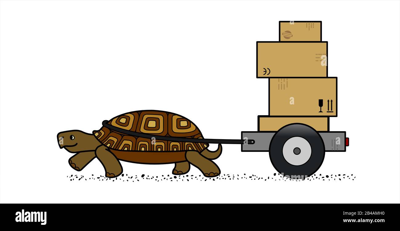 Vector cute Landschildkröte mit einem Wagen mit Kisten, Seitenansicht; Kartons mit Markierung; langsame Lieferung; isoliert auf weißem Hintergrund; Symbol für Stock Vektor