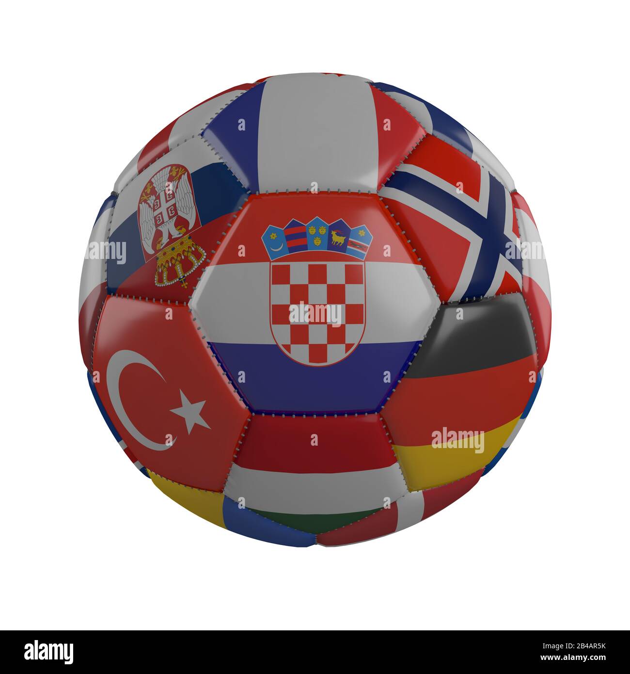 Kroatiens Flagge auf einem Fußballball mit Flaggen europäischer Staaten auf weißem Hintergrund, 3D-Rendering Stockfoto