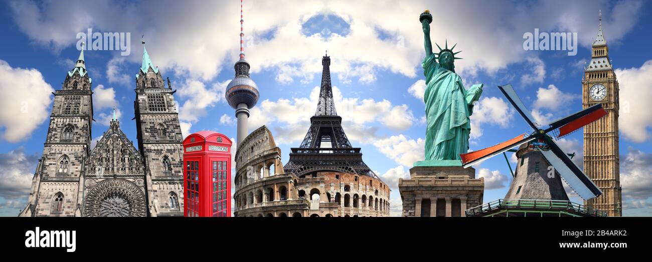 World Travel Collage. World Landmarks gruppierten sich: New York, London, Berlin und Rom. Stockfoto