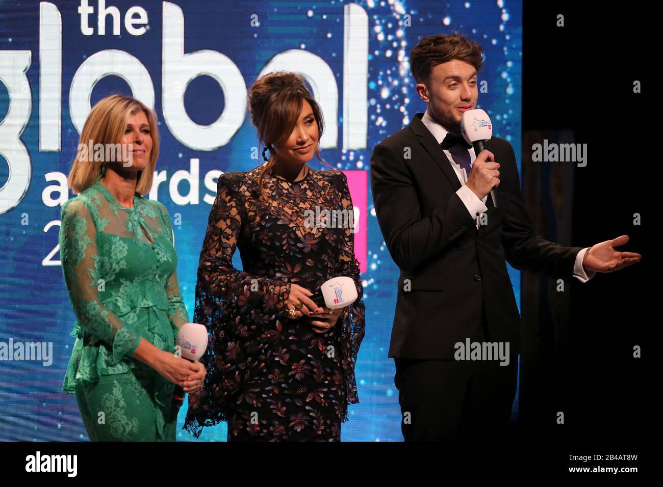 Gastgeber Myleene Klass, Roman Kemp und Kate Garraway auf der Bühne bei den Global Awards 2020 mit Very.co.uk im Londoner Eventim Apollo Hammersmith. Stockfoto