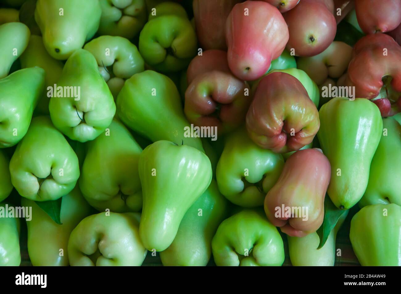 Frisch grüne Rose apfelfrucht-display zum Verkauf im Markthintergrund. Stockfoto