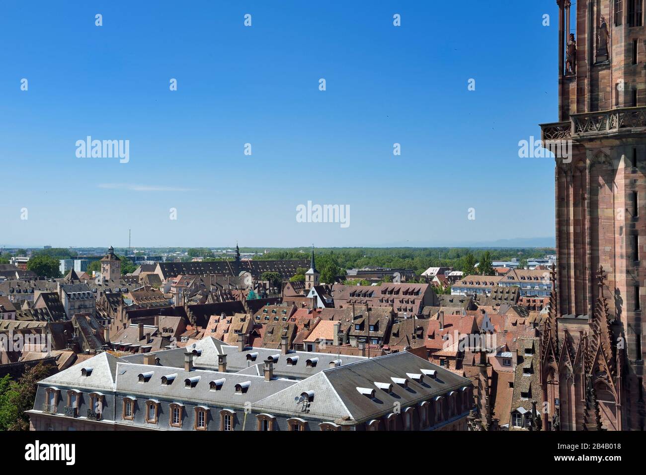 Frankreich, Bas Rhin, Straßburg, Altstadt, die von der UNESCO zum Weltkulturerbe erklärt wurde, Kathedrale Notre Dame, Blick auf das mittelalterliche Bürgerspital und Reiterstandbild eines Königs auf dem Südturm Stockfoto