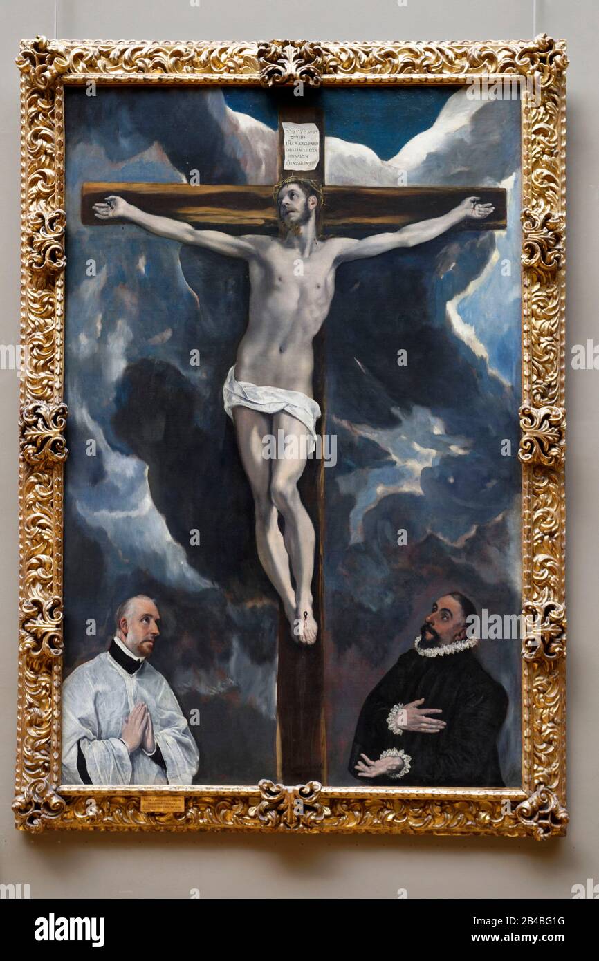 Frankreich, Paris, UNESCO-Weltkulturerbe, Louvre, Abteilung für spanische Gemälde, Christus am Kreuz von zwei Spendern von El Greco (Domenico Theotocopoulos) Stockfoto