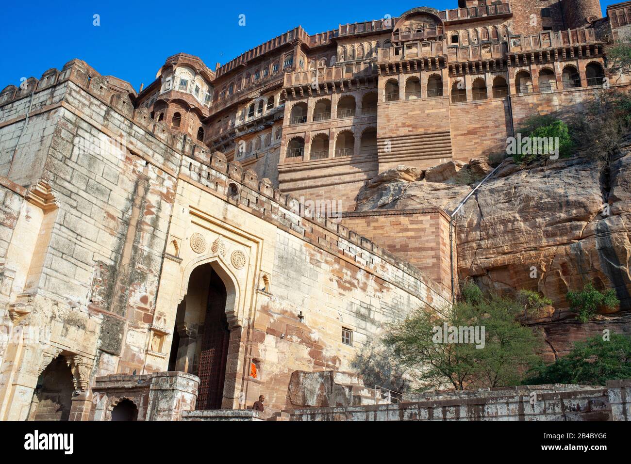 Mehrangarh Fort, Jodhpur, Rajasthan, Indien. Dies ist eine der Exkursionen des Luxuszuges Maharajas Express. Stockfoto