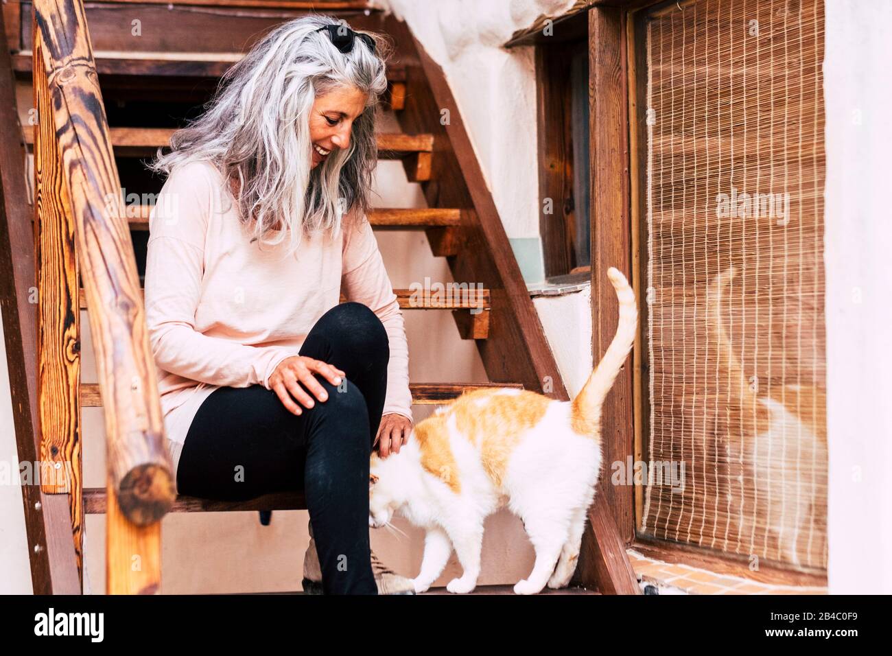 Alternative graue weiße Haare junge Frau bleiben draußen vor dem ländlichen Holzhaus sitzen und spielen mit einer Nomadenkatze - Liebe zu Tieren und ungewöhnliches Diversity People Konzept Stockfoto