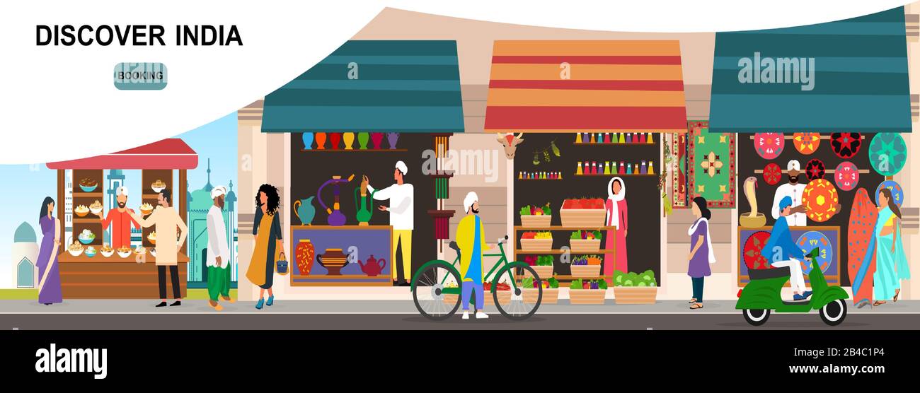 Entdecken Sie das Konzept von Indien. Vektor einer traditionellen indischen Marktstraße mit Gebäuden, Menschen und Verkehrsübergabe Stock Vektor