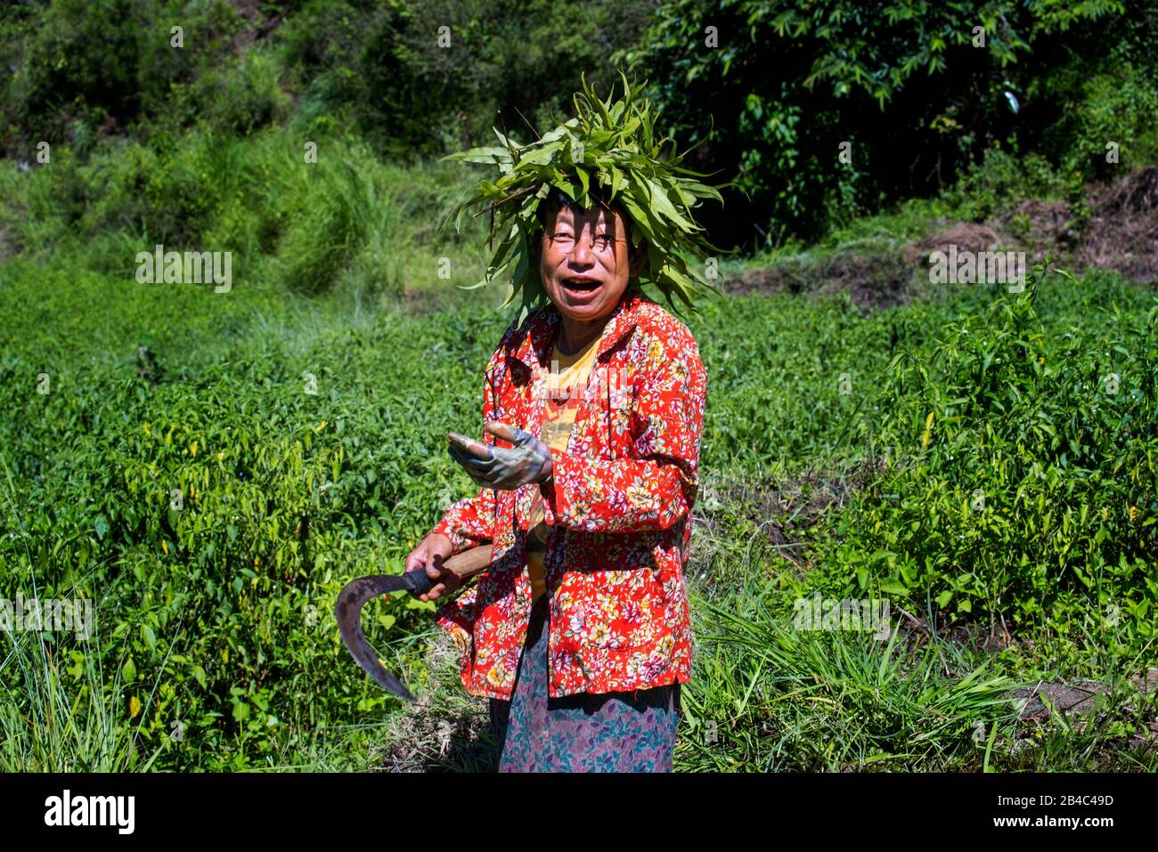 Fanny Frau mit einer Hacke und einer Sichel von Blättern im Wangdue Phodrang Punakha Tal Bhutan. Stockfoto