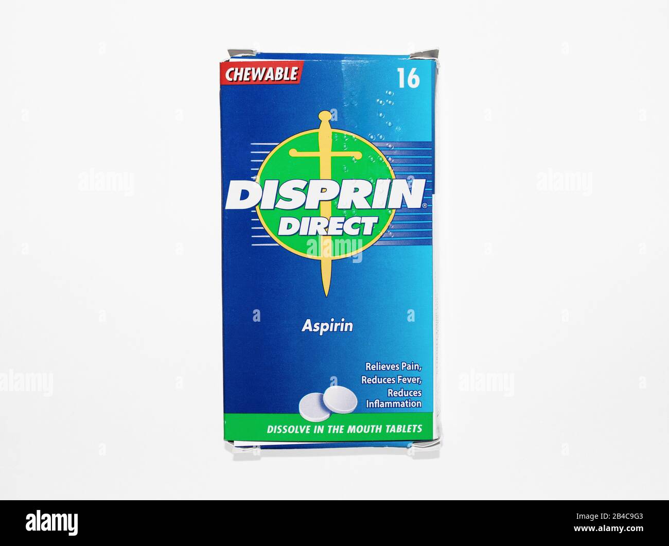 London/Großbritannien - 5. März 2020 - Paket von Disprin Direct Chewable Aspirin Tablets Stockfoto