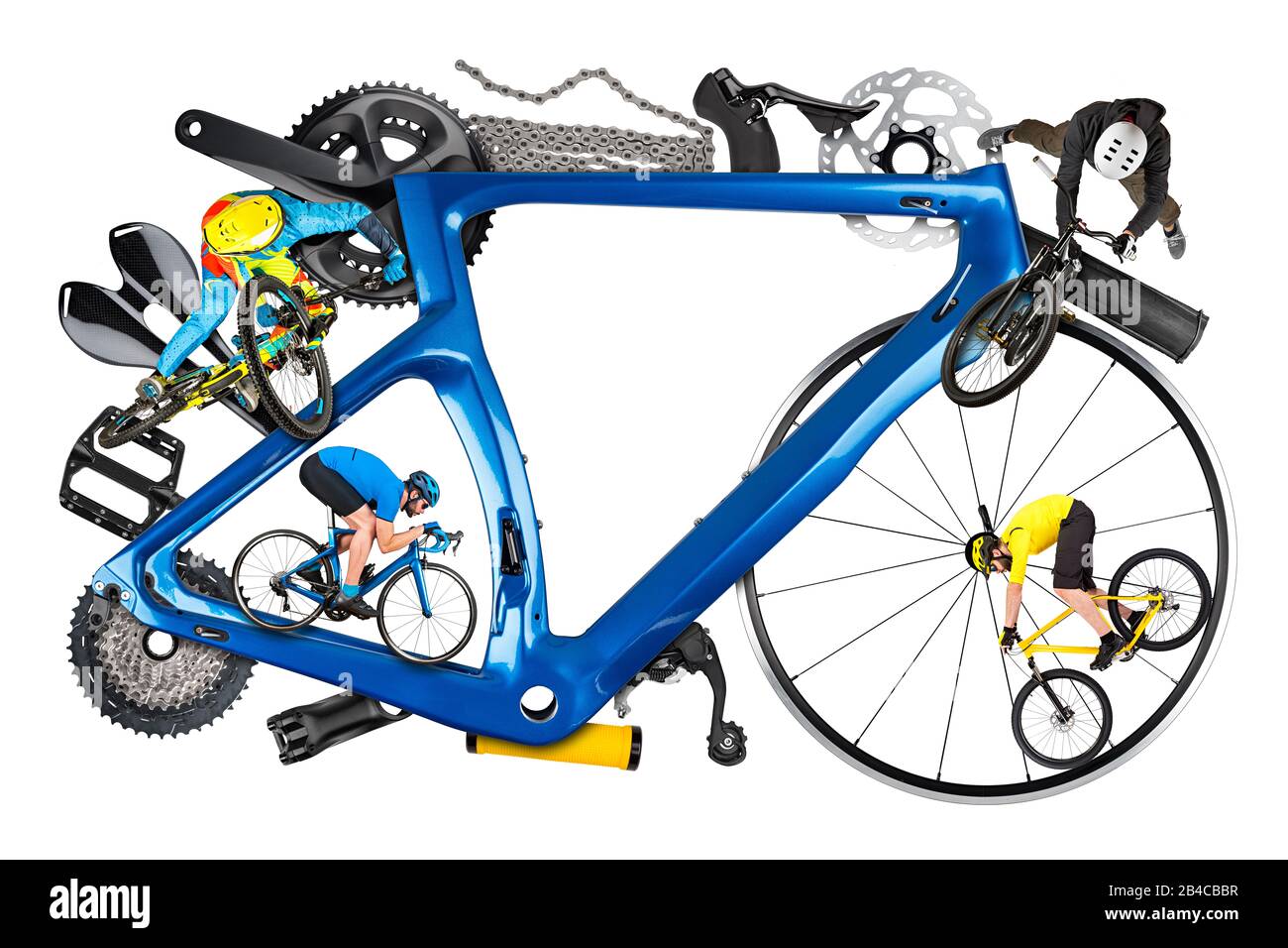 Radfahrersportler und Fahrradrahmen mit vielen Fahrradteilen aus Mountainbike-Rennen Abfahrt Enduro und Freestyle-Schmutzsprung. Radfahren und Sport conce Stockfoto