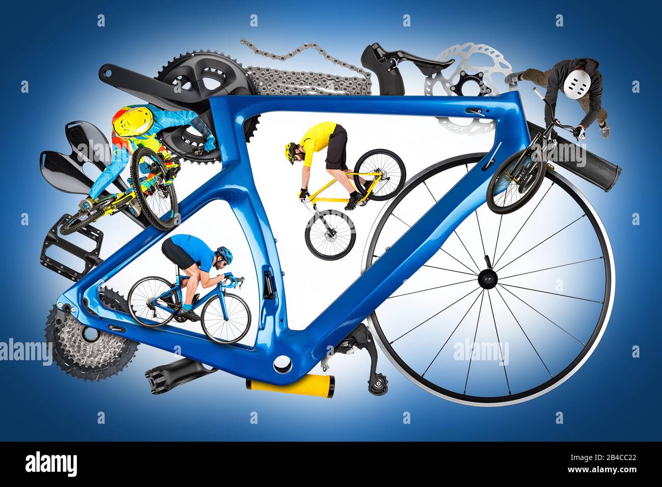 Radfahrersportler und Fahrradrahmen mit vielen Fahrradteilen aus Mountainbike-Rennen Abfahrt Enduro und Freestyle-Schmutzsprung. Radfahren und Sport conce Stockfoto