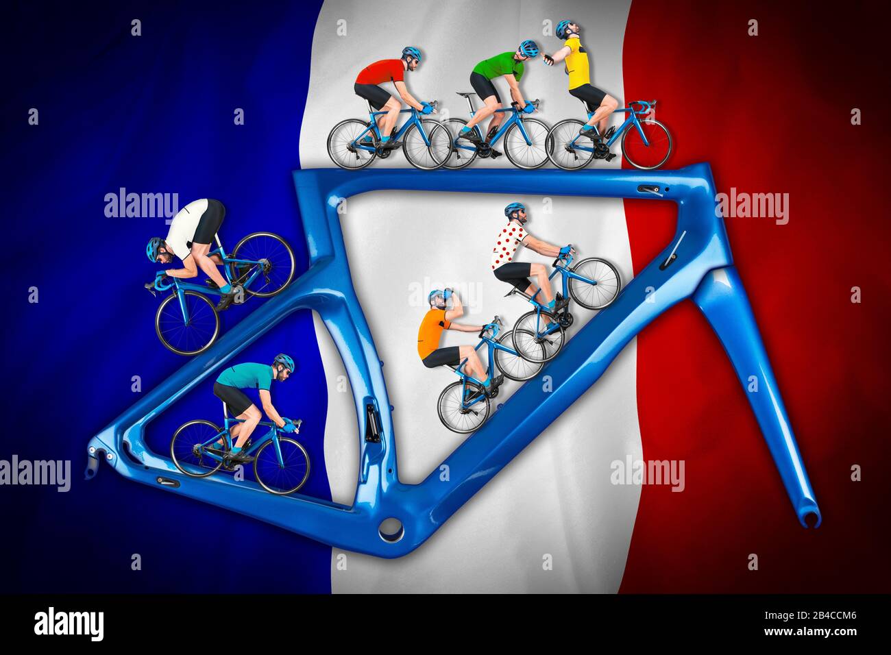 Radfahrer im Wettkampftrikot auf Rennrad auf einem modernen blauen Carbonrahmen auf blau-weißer französischer Flagge Stockfoto