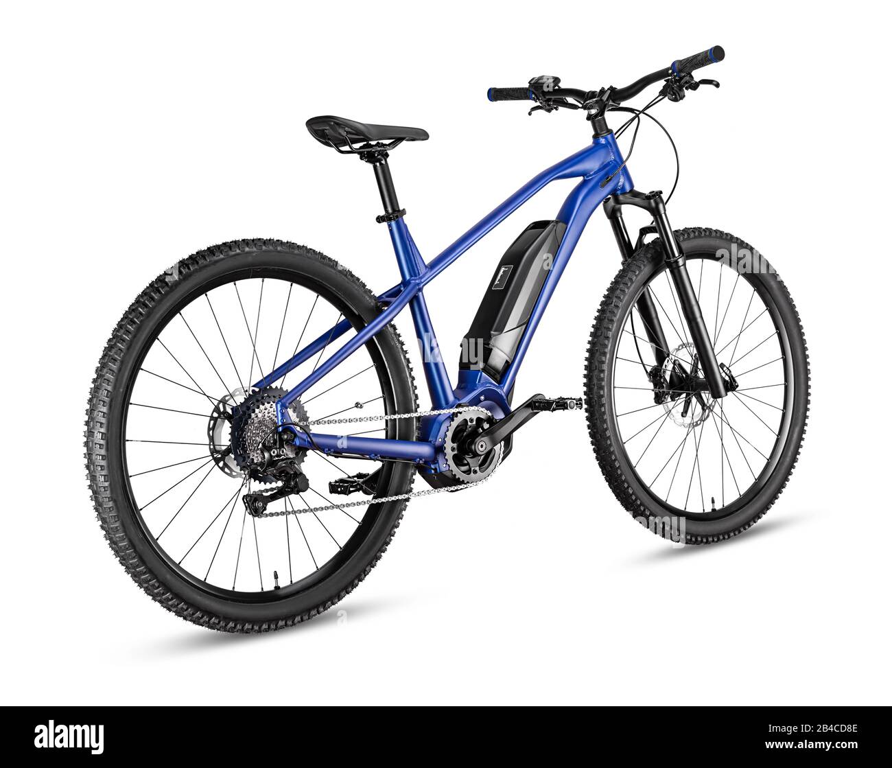 Blue modern Mid-Drive-Motor e Bike Pedelec mit Mittelhalterung für Elektromotoren. Batteriebetriebenes E-Bike auf weißem Hintergrund isoliert. Innovation Transport Stockfoto