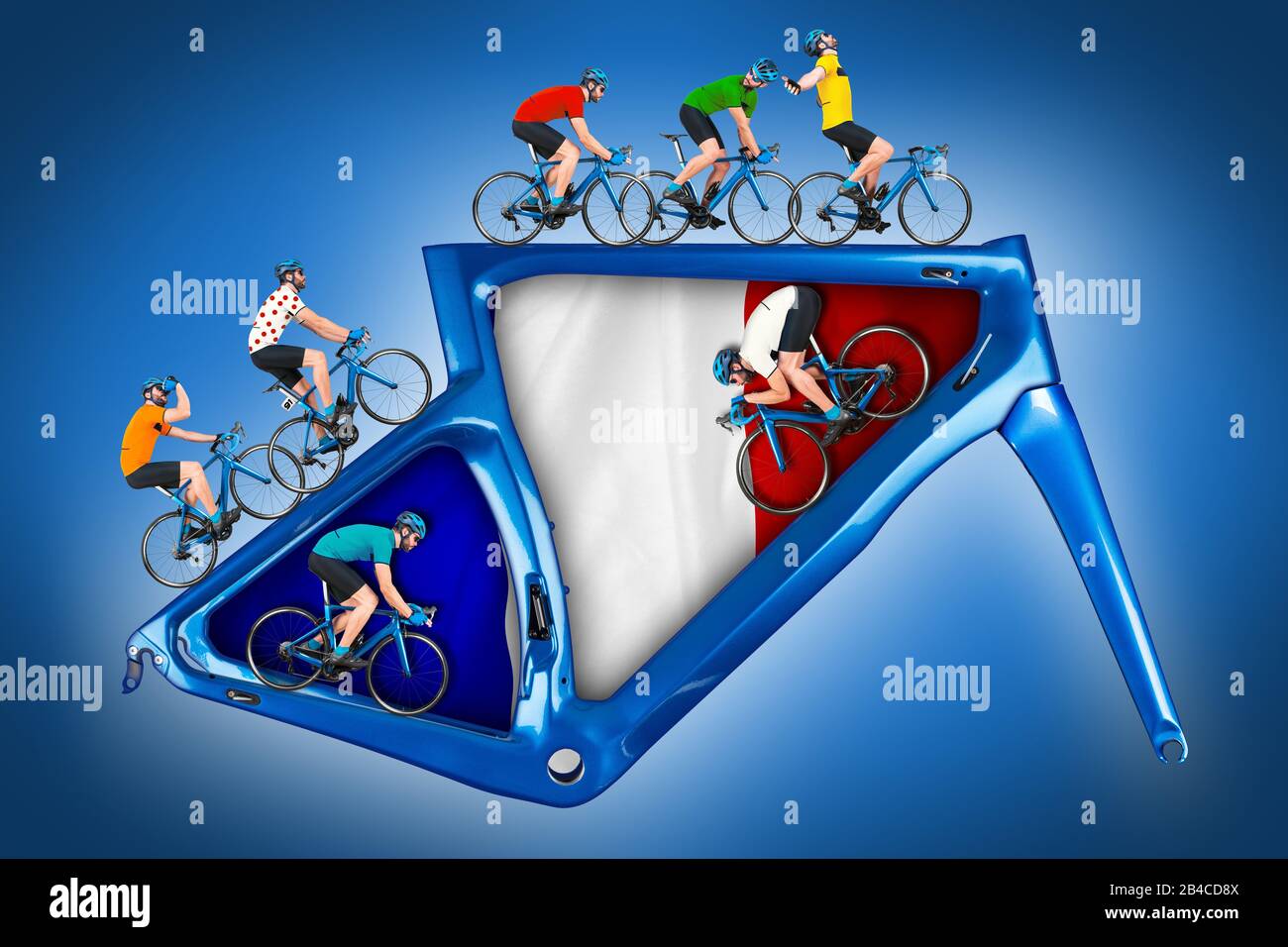 Radfahrer im Wettkampftrikot auf Rennrad auf einem modernen blauen Carbonrahmen auf blauem Hintergrund mit französisch fahren Stockfoto