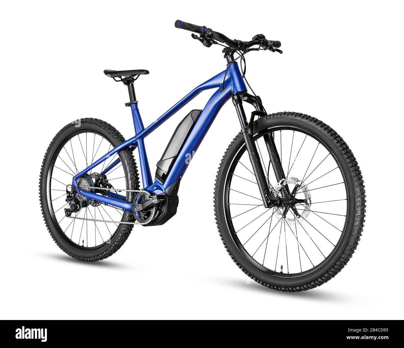 Blue modern Mid-Drive-Motor e Bike Pedelec mit Mittelhalterung für Elektromotoren. Batteriebetriebenes E-Bike auf weißem Hintergrund isoliert. Innovation Transport Stockfoto