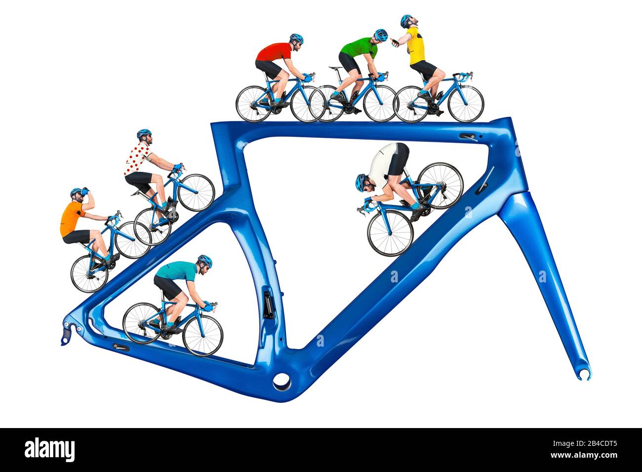 Radfahrer-Rennfahrerkonzept: Radfahrer im Wettkampftrikot auf Rennradfahren auf einem modernen blauen Carbonrahmen isoliert auf weißem Hintergrund Stockfoto