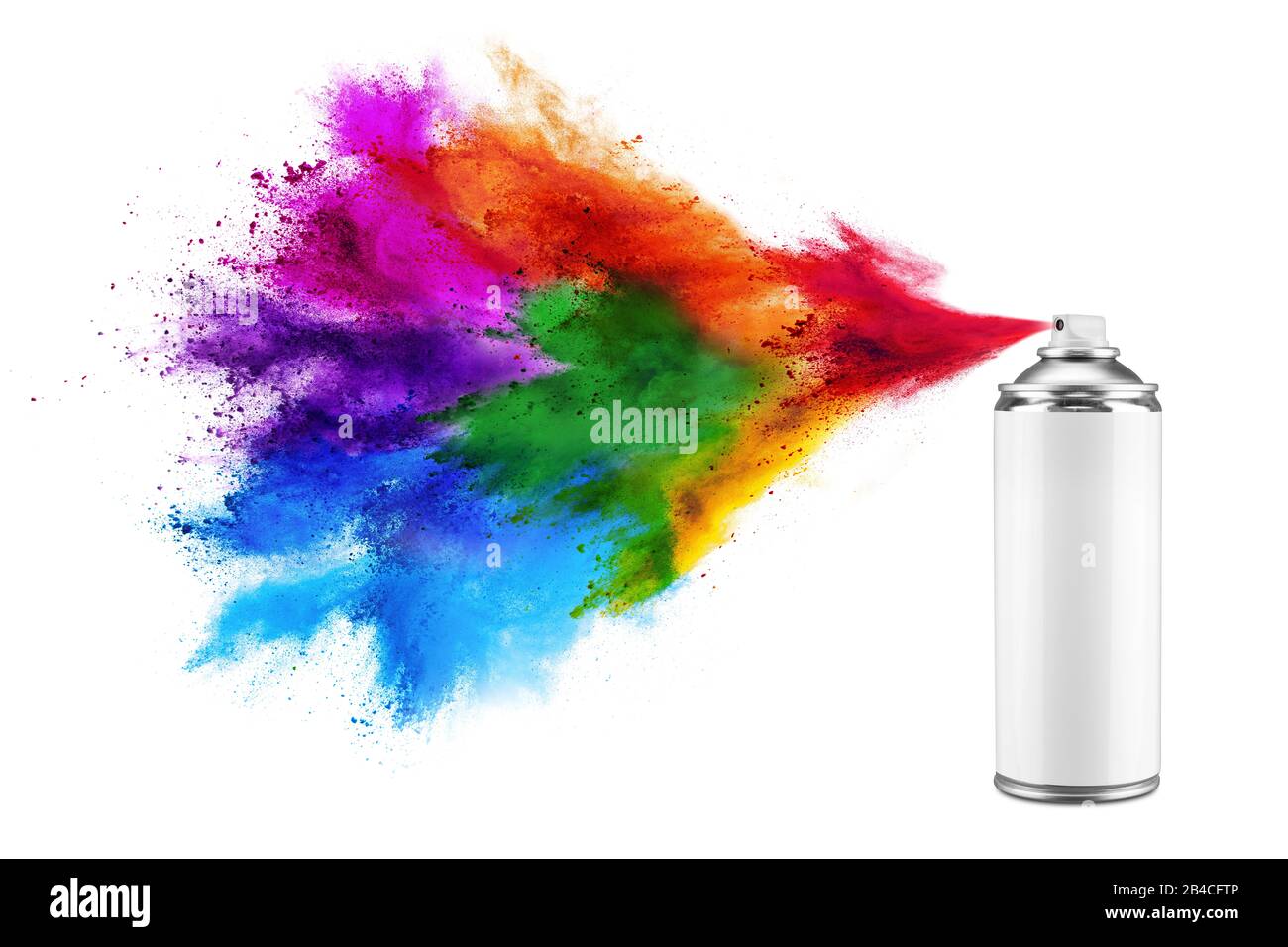 Spray kann bunte Regenbogenfarbe Holi Farbe Pulverexplosion isoliert auf weißem Hintergrund sprühen. Industrie diy Paintjob Graffiti-Konzept. Stockfoto