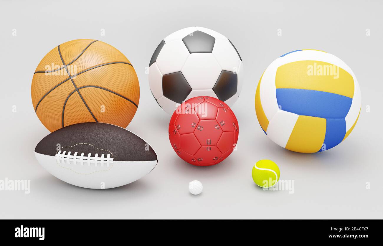 Verschiedene Sportball auf weißem Hintergrund. Umfasst einen Fußballball, einen Fußball, einen Basketball und mehr. 3D-Rendering Stockfoto