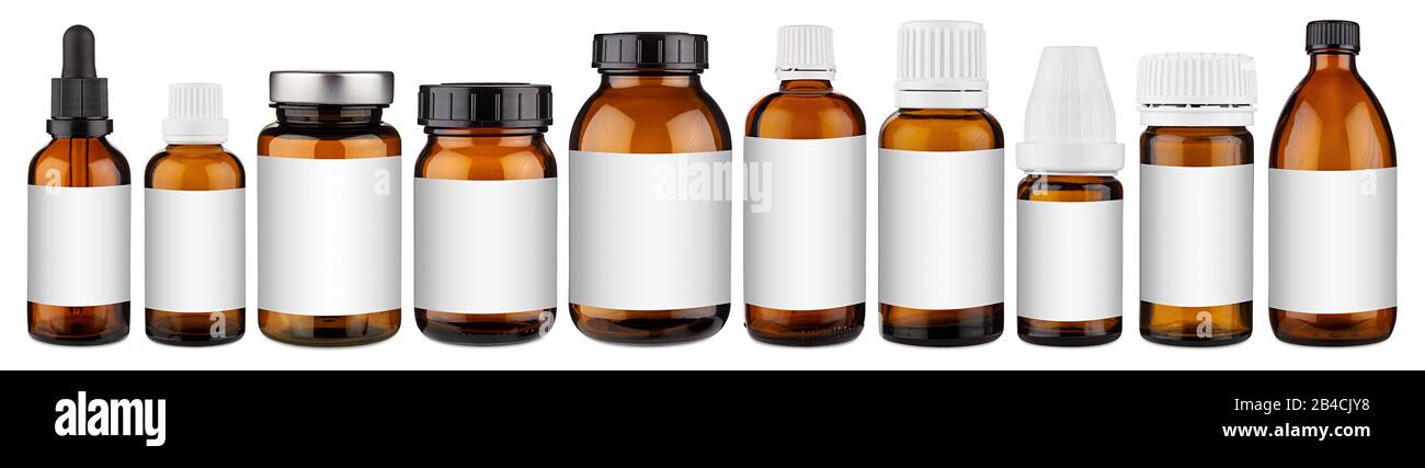 Set Collection Row of diverse Brown Medicine Pille Glaspipette Tropfflasche mit leerem Copyspace Label Designmuster isoliert auf weißem Panorama BA Stockfoto
