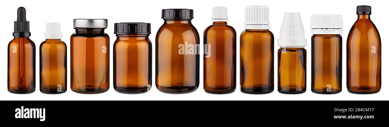 Set Collection Row of diverse Brown Medicine Pille Glaspipette Tropfflasche Blank ohne Copyspace Label Designmuster isoliert auf weißem Panorama Stockfoto