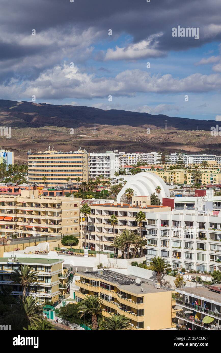 Spanien, Kanarische Inseln, Gran Canaria, Playa del Ingles, hohen Winkel Blick auf die Stadt Stockfoto