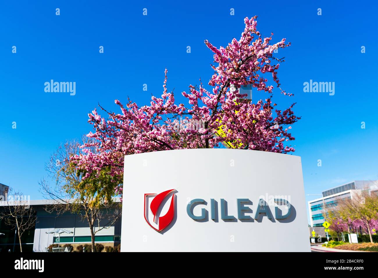 Gilead Schild am Hauptsitz. Gilead Sciences kündigte Pläne an, eine Behandlung für COVID-19 zu testen, eine Krankheit, die durch den wachsenden Coronavirus-Ausbruch verursacht wurde Stockfoto