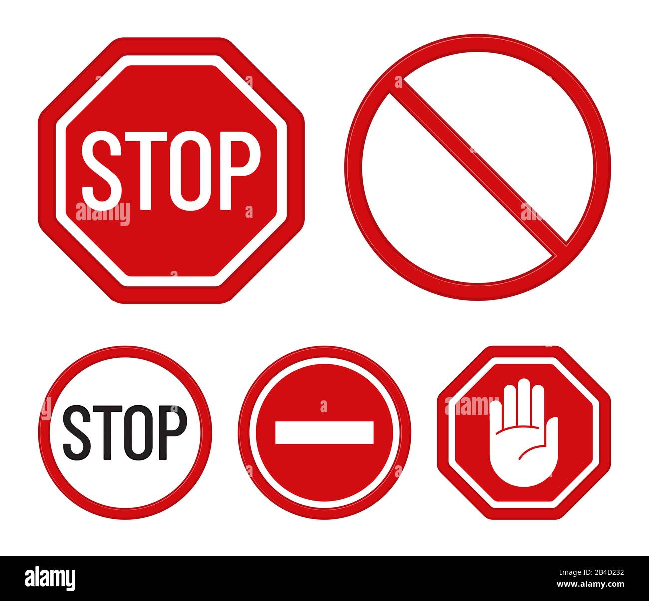 Verbotszeichen auf weißem Hintergrund isoliert. Flaches Design. Stoppsymbole. Vektorsymbole. Stock Vektor