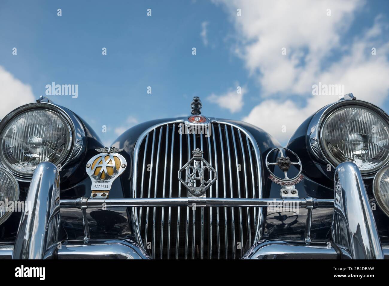 Michelstadt, Hessen, Deutschland, Kühlergrill eines Jaguar XK 150, Roadster, Baujahr 1959, 3,8 Liter Hubraum, 50er, 60er Jahre, Cabrio, Roadster, Landschaft, Außenansicht, Außenbereich, Außenansicht, Stockfoto
