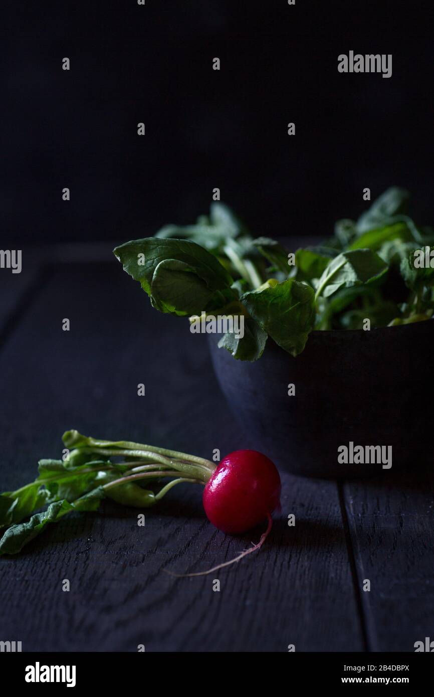 Rettich mit grünem Grün auf dunklem Hintergrund Stockfoto