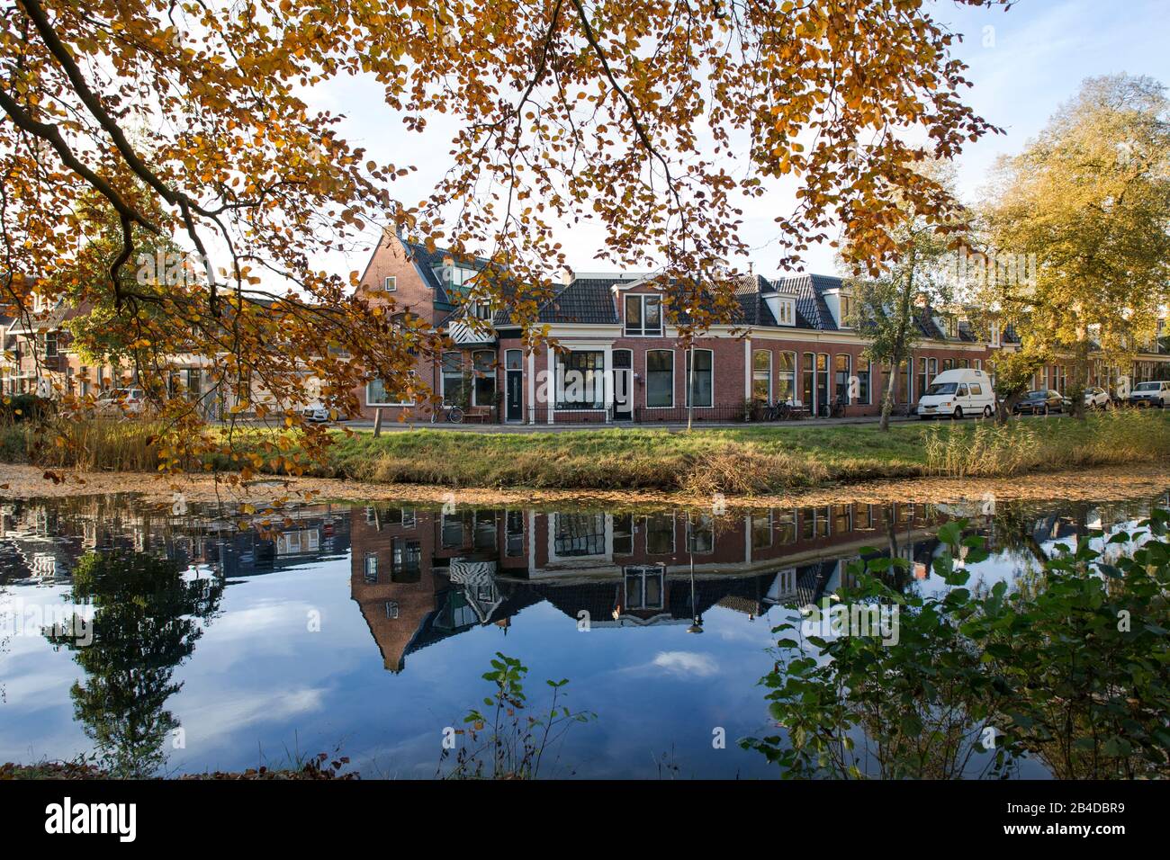 Europa, Niederlande, Groningen: Blick vom Park Noorderplantsoen zu den Häusern am anderen Ufer Stockfoto