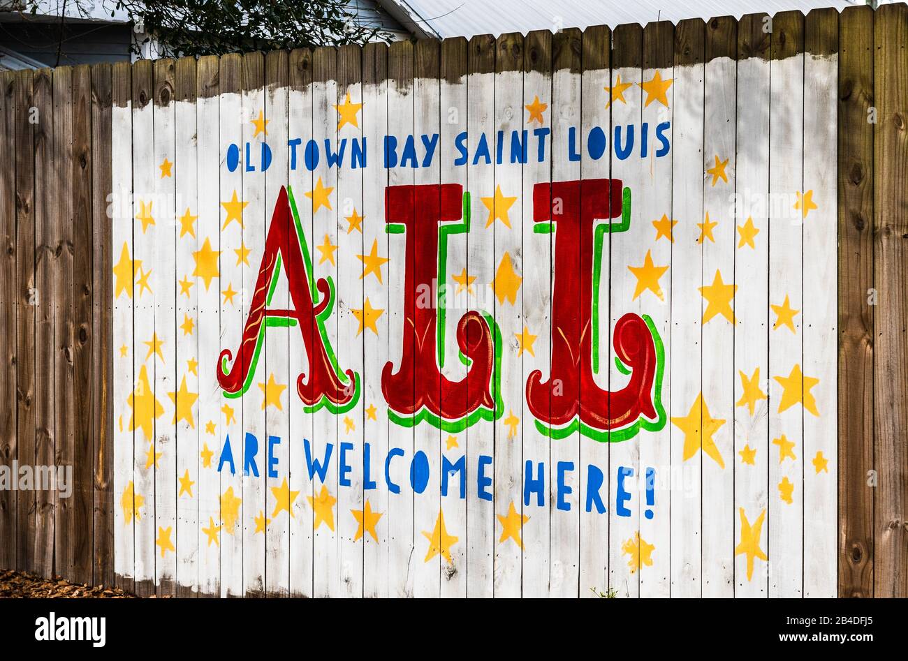 Alle Sind willkommen Hier Schild, Bay St Louis, Mississippi, USA Stockfoto