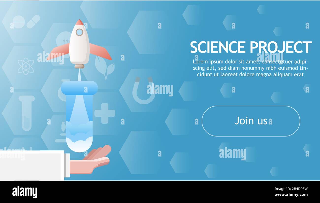 Wissenschaftler Hand mit Reagenzglas und Rakete. Konzeptwissenschaftliches Banner mit Symbolen Vektorgrafiken. Stock Vektor