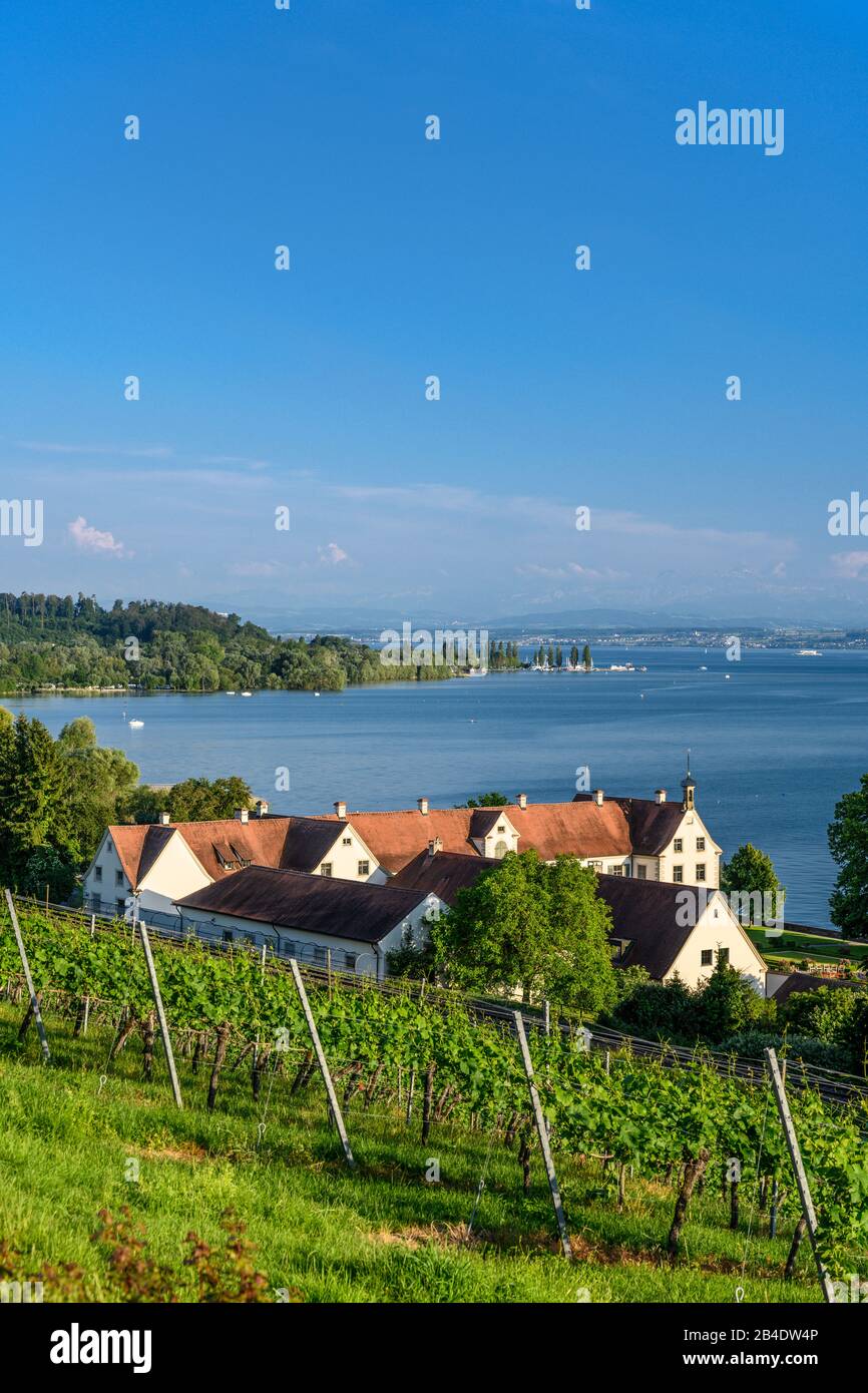 Deutschland, Baden-Württemberg, Bodensee, Uhldingen-Mühlhofen, Schloss Maurach gegen Säntis, Blick von der Wallfahrtskirche Birnau Stockfoto