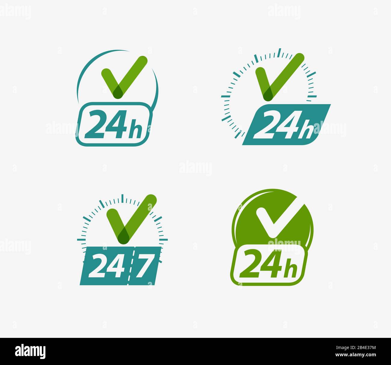 24-Stunden-Schild geöffnet. 24 Stunden, Uhrensymbol oder Beschriftung der Vektorgrafiken Stock Vektor