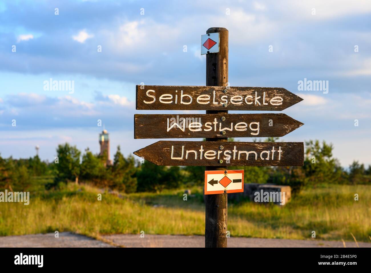 Deutschland, Baden-Württemberg, Schwarzwald, Nordschwarzwald, Wegweiser im Hochmoor an der Hornisgrinde (1163 m). Stockfoto