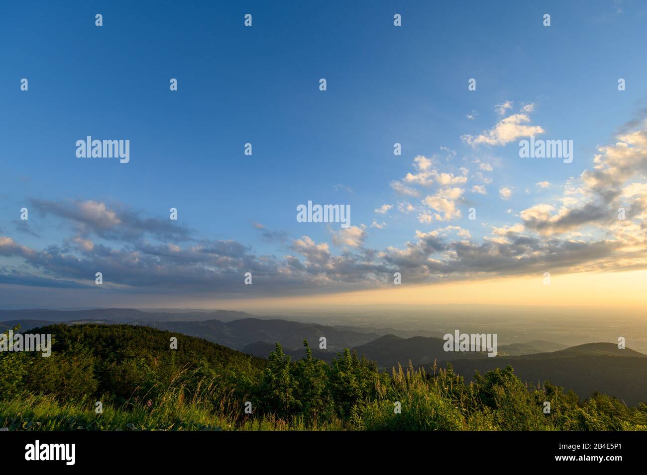 Deutschland, Baden-Württemberg, Schwarzwald, Blick von der Hornisgrinde, dem höchsten Berg im Nordschwarzwald (1163 m), nach Südwesten ins Rheintal. Stockfoto