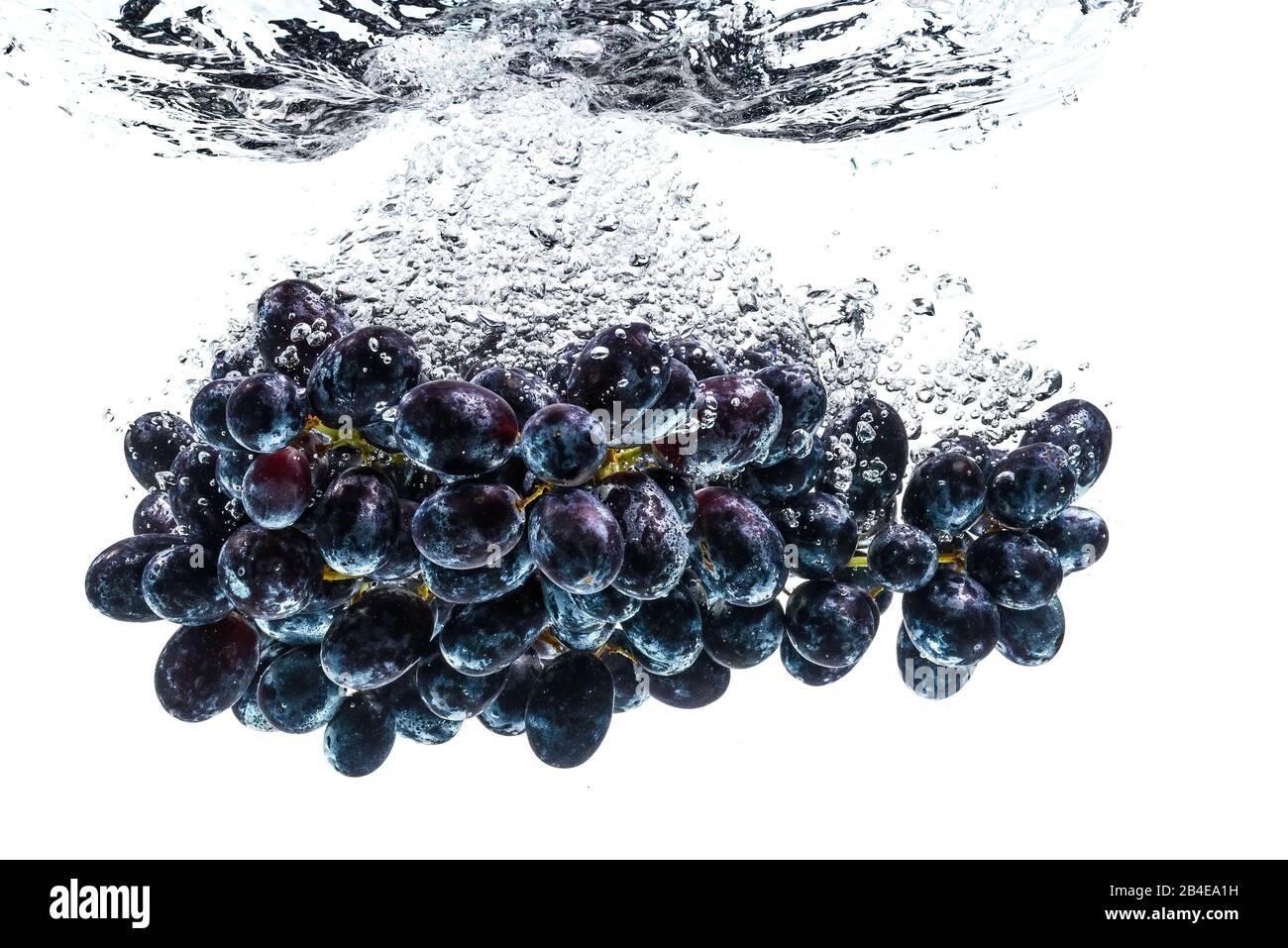 Viele rote Trauben, die auf dem Hintergrund in kristallklares Wasser spritzen Stockfoto