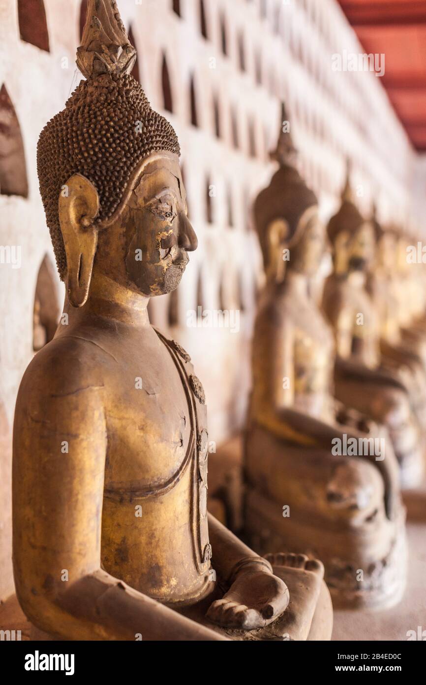 Laos, Vientiane, Wat Si Saket, Vientiane älteste Tempel, Interieur Buddha Kloster Stockfoto