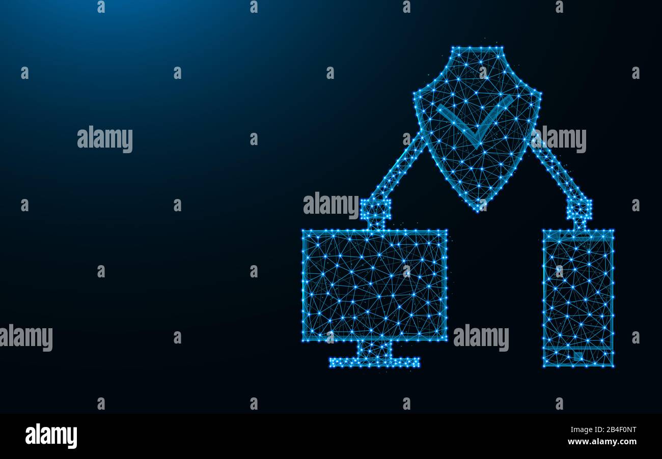 Digitaler Schutz aus Punkten und Linien auf dunkelblauem Hintergrund, Cybersecurity Drahtgittervektor-Darstellung mit Polygonalvektor Stock Vektor