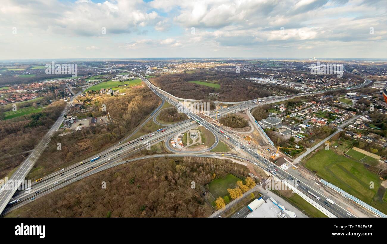 Luftbild, Autobahnkreuz Recklinghausen, AUTOBAHN A2, AUTOBAHN A43, Autobahnkreuz Recklinghausen, neue Tangente, Recklinghausen, Ruhrgebiet, Nordrhein-Westfalen, Deutschland Stockfoto